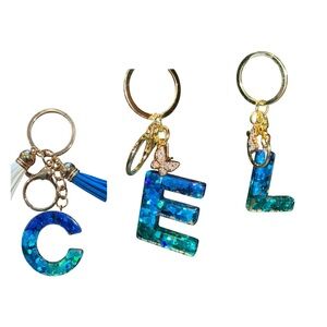 Gold-Tone Keyring with Blue Mosaic Stones 'C' , ‘L’ , ‘E’ Charm and Tassels